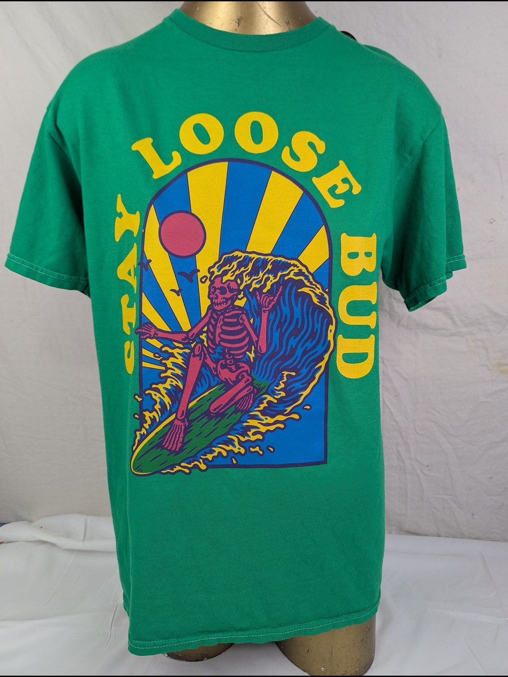 Stay Loose Bud - Men's Green Tee America Highway Skeleton Surfer Medium NWT